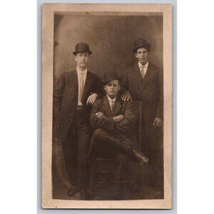 Vintage Postcard Photo Of Three Men In Suits & Bowler Hats #1673